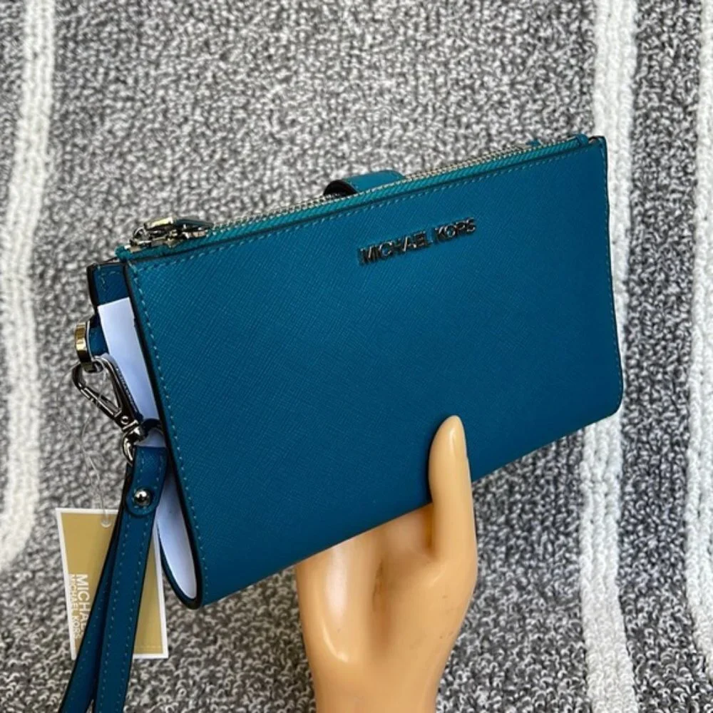 Michael Kors Large Double Zip Leather Wallet Wristlet Phone Case Lagoon